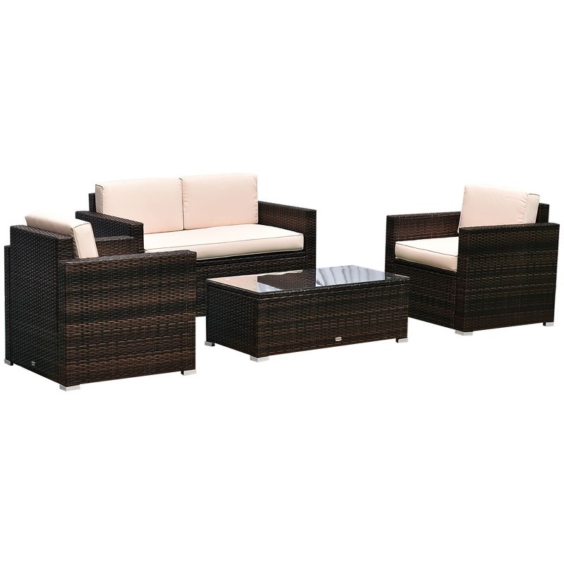 Outsunny 4-Piece Rattan Wicker Furniture Set, Outdoor Cushioned Conversation Furniture with 2 Chairs, Loveseat, and Glass Coffee Table, 1 of 10