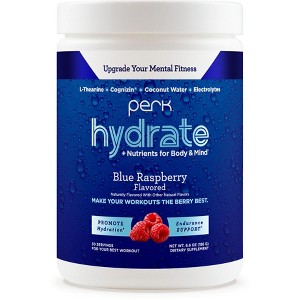 Perk Hydrate Blue Raspberry Flavored Electrolyte Drink Mix Powder (30 Servings) - Coconut Water, CDP-Choline, L-Theanine, Gluten-Free - 1 of 4