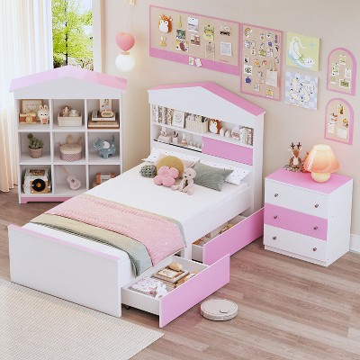 3-Piece Bedroom Sets, Twin Size House-Shaped Wooden Bed with Storage Drawers, Nightstand and Stroage Rack - ModernLuxe
