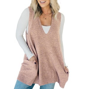 Imily Bela Womens Sleeveless Sweater Vest V Neck Casual Loose Knit A Line Flattering Tunic Top with Pockets - 1 of 4