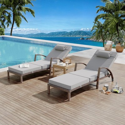 Outdoor Chaise Lounge Chairs Set of 2 - Adjustable 5-Position PE Rattan Wicker Lounge Chairs with Cushions and Wheels for Poolside Relaxation