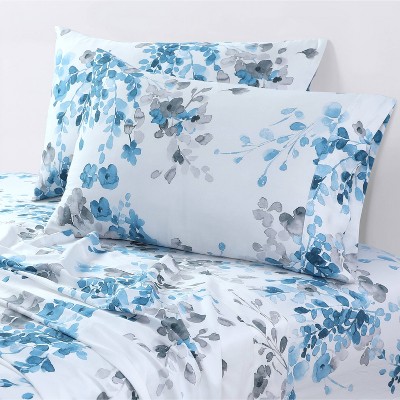 Twin XL Isabella Blue-Grey Organic Cotton Floral Sheet Set