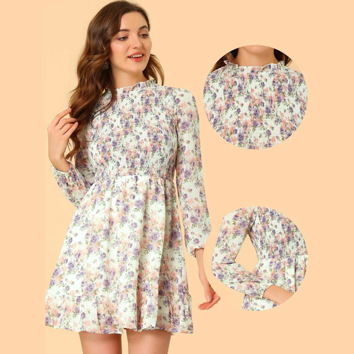 Женские платья INSPIRE CHIC Women's Mock Neck Long Sleeve Ruffle Hem Smocked Dress Beige Small — фото 2