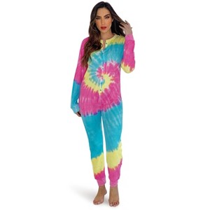 #followme Womens Henley Thermal Bodysuit | Buffalo Plaid, Tie Dye, & Printed PJ Union Suit Loungewear - 1 of 3