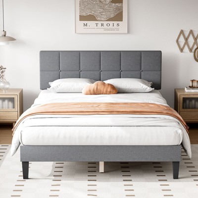 JIONJOY Platform Wood Bed Frame with Upholstered Headboard, No Box Spring Needed | Grey - Queen