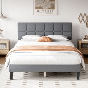 JIONJOY Platform Wood Bed Frame with Upholstered Headboard, No Box Spring Needed | Grey - Queen - 1 of 4