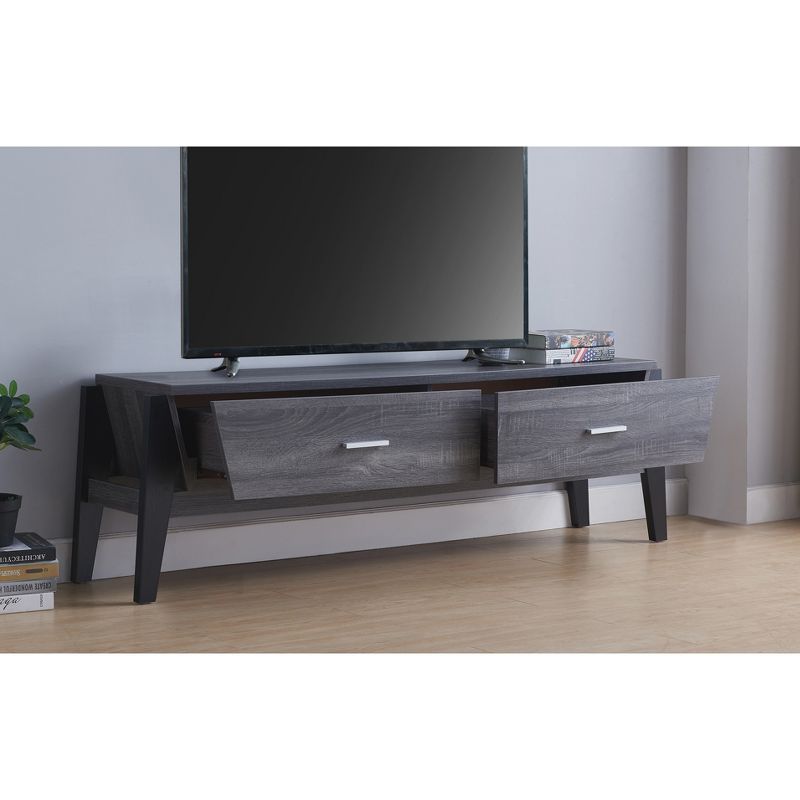 FC Design Two-Toned 65"W Modern TV Stand with Two Drawers in Distressed Grey & Black Finish, 3 of 4