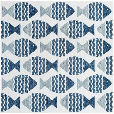 Navy Blue and Gray Square Synthetic Outdoor Rug