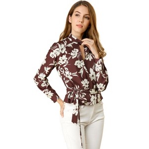 INSPIRE CHIC Women's Stand Collar Long Sleeves Smocked Waist Blouse - 1 of 4