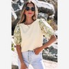Amaryllis Women’s Mixed Fabric Puff Sleeve Knit Top with Floral Contrast Sleeves Ribbed Knit Body - 3 of 4