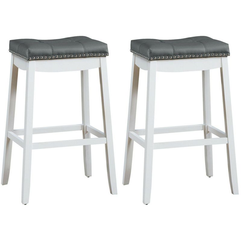 Costway Set of 2 Nailhead Saddle Bar Stools 29'' Pub Chairs with Rubber Wood Legs Brown/White, 1 of 10