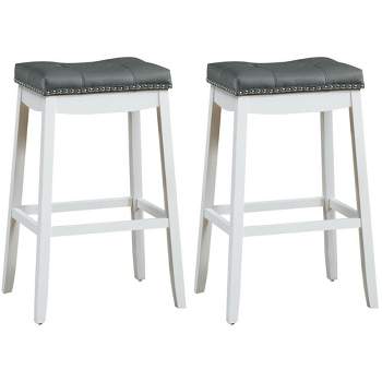 Costway Set of 2 Nailhead Saddle Bar Stools 29'' Pub Chairs with Rubber Wood Legs Brown/White