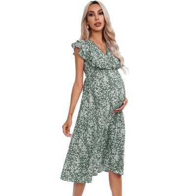 Women's Maternity Wrap V Neck Maternity Dress Summer Ruffle Sleeve High Waisted Floral Flowy Maxi Dress for Baby Shower And Photoshoot