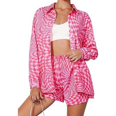 WhizMax Women's Casual 2 Piece sets Long Sleeve Button Down Shirt High Waist Drawstring Short Outfit sets