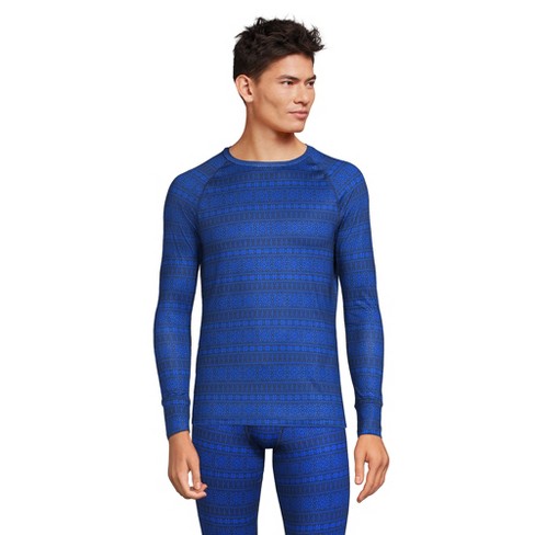 Lands' End Men's Stretch Thermaskin Long Underwear Crew Base Layer - Small  - Navy Stripe Snowflake