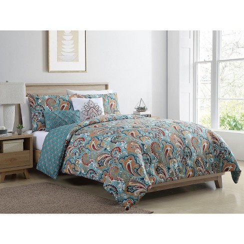 Vcny Home Candice Reversible Teal Paisley Duvet Cover Set Blue 5