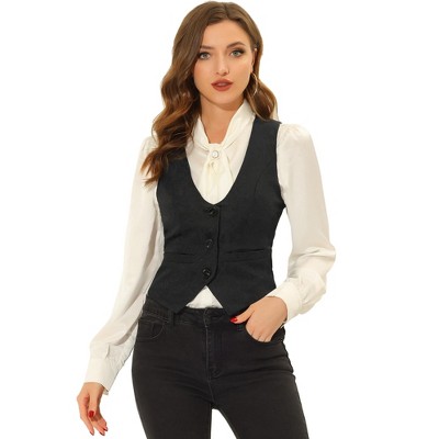 Allegra K Women's Vintage Waistcoat Button Up Steampunk Jacquard ...