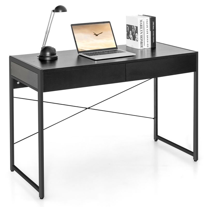 Costway Computer Desk Metal Frame Study Table Home Office Workstation w/2 Drawers, 1 of 11