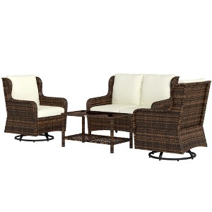 4 Piece Rattan Patio Furniture Set, Conversation Set with Swivel Glider Chairs Table Loveseat for Garden, Patio - 1 of 4