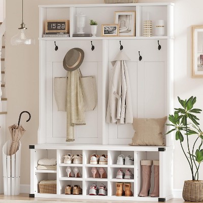 Hall Tree with Bench and Shoe Storage, 4-in-1 Tall Wood Farmhouse Entryway Bench Coat Rack, Adjustable Shelf