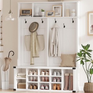 Hall Tree with Bench and Shoe Storage, 4-in-1 Tall Wood Farmhouse Entryway Bench Coat Rack, Adjustable Shelf - 1 of 4