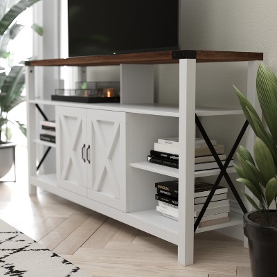 White and Rustic Oak 60" Farmhouse TV Stand with Cabinet