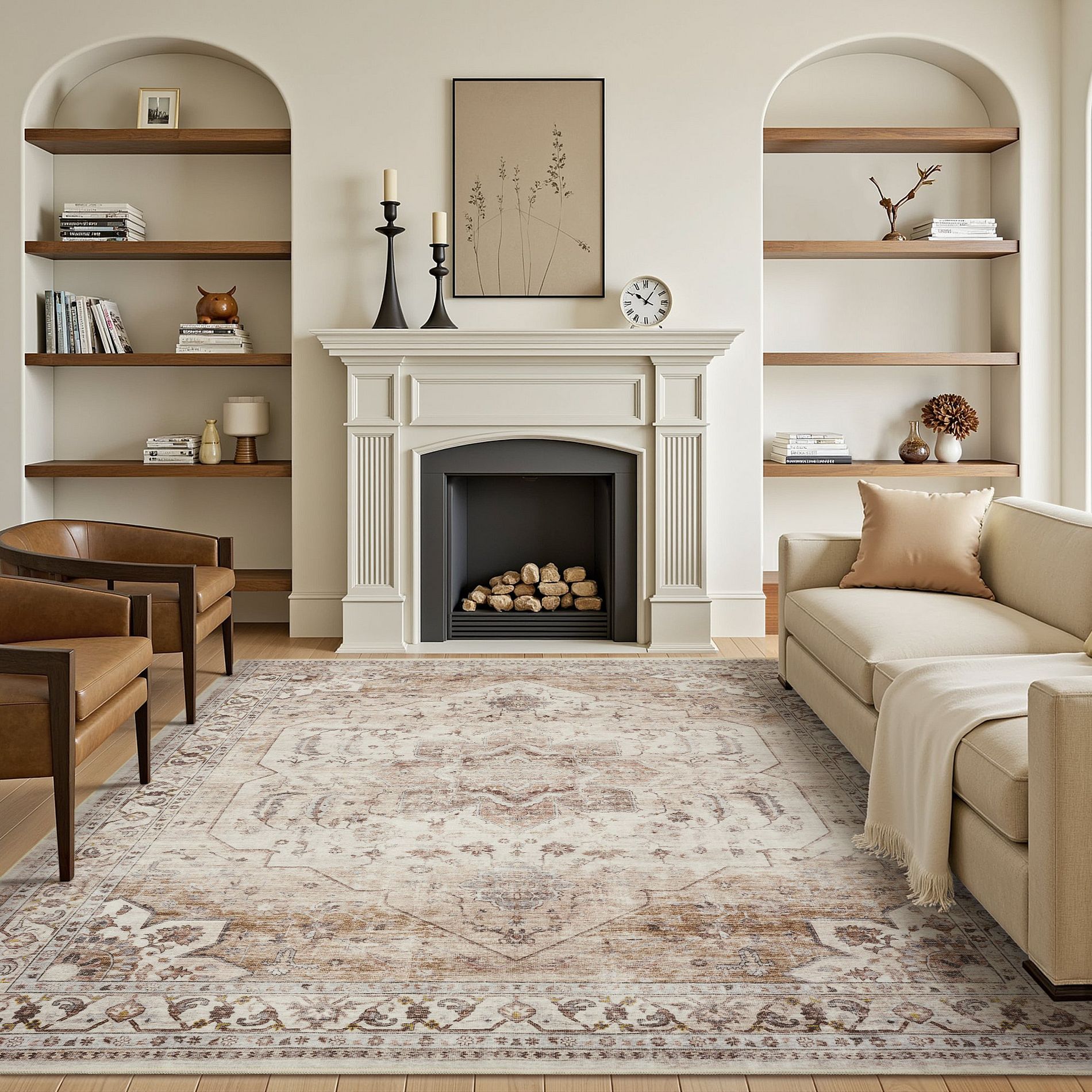 MontVoo Vintage Floral Washable Area Rug Beige