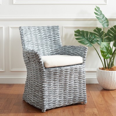 Modern Coastal Cabana Rattan Arm Chair with Beige Cushion - Grey White Wash