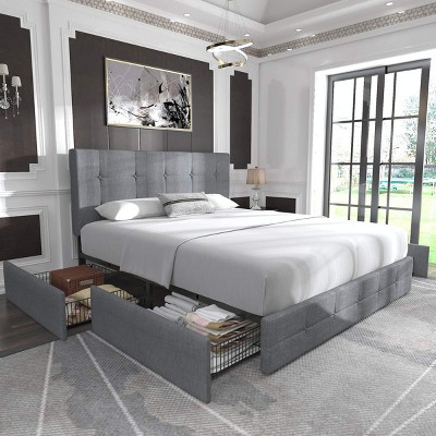 Allewie Upholstered King Size Platform Bed Frame with 4 Storage Drawers, Headboard, Square Tufted, Wooden Slats, No Box Spring, Dark Grey