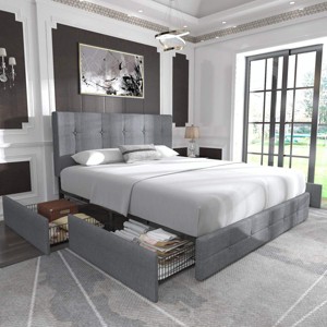 Allewie Full Upholstered Bed Frame/4 Storage Drawers/Adjustable Headboard/Square Stitched Button Tufted/wooden Support/Easy Assembly/Light Grey - 1 of 4