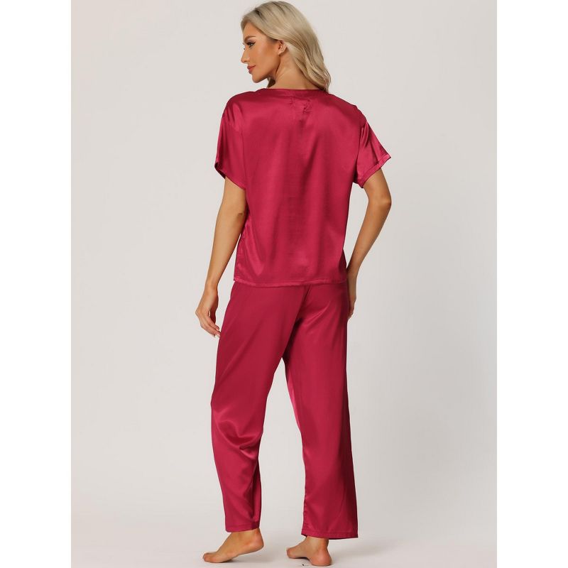 cheibear Women's Satin Summer Short Sleeves Sleepshirt with Pants Lounge Pajamas Sets, 4 of 6