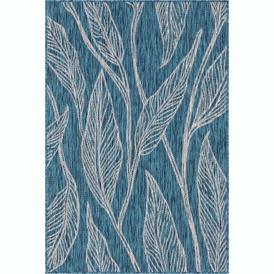 Teal and Ivory Botanical Outdoor Rectangular Rug 4' x 6'