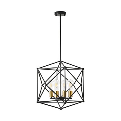 PAKOKULA Industrial 4-Light Black and Gold Modern Geometric Metal Cage Chandelier