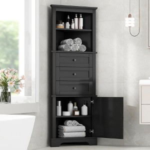HDZNVF Black Triangle Tall Corner Cabinet with 3 Drawers and Adjustable Shelves - 1 of 4