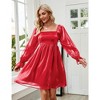 Womens Puff Sleeve Square Neck Puffy Dress Babydoll Mesh Minidress Wine Red L - 2 of 4