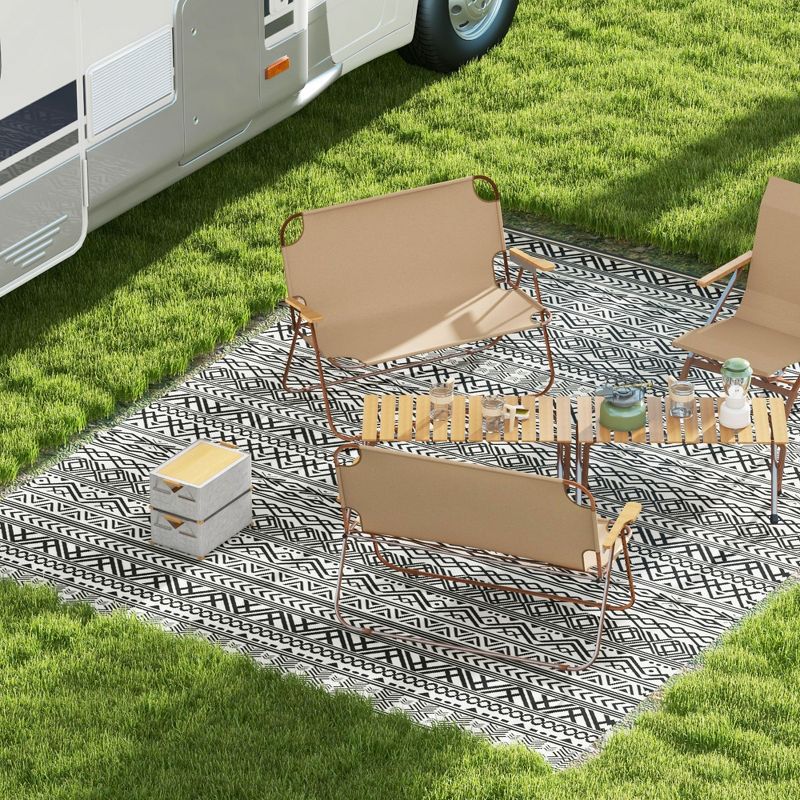 Outsunny RV Mat, Outdoor Patio Rug / Large Camping Carpet with Carrying Bag, 9' x 12', Waterproof Plastic Straw, Reversible, Gray & Cream White Boho, 2 of 7