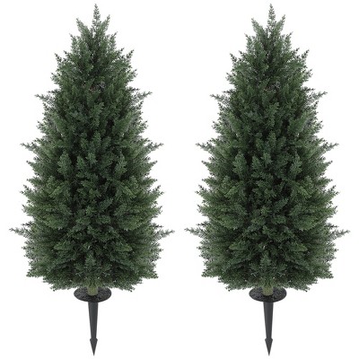 HOMCOM 43.3 Inch Artificial Cypress Topiary Tree, Set of 2 Indoor Outdoor UV Resistant Faux Plants with Ground Stake for Garden, Porch, Balcony