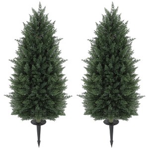 HOMCOM 43.3 Inch Artificial Cypress Topiary Tree, Set of 2 Indoor Outdoor UV Resistant Faux Plants with Ground Stake for Garden, Porch, Balcony - 1 of 4