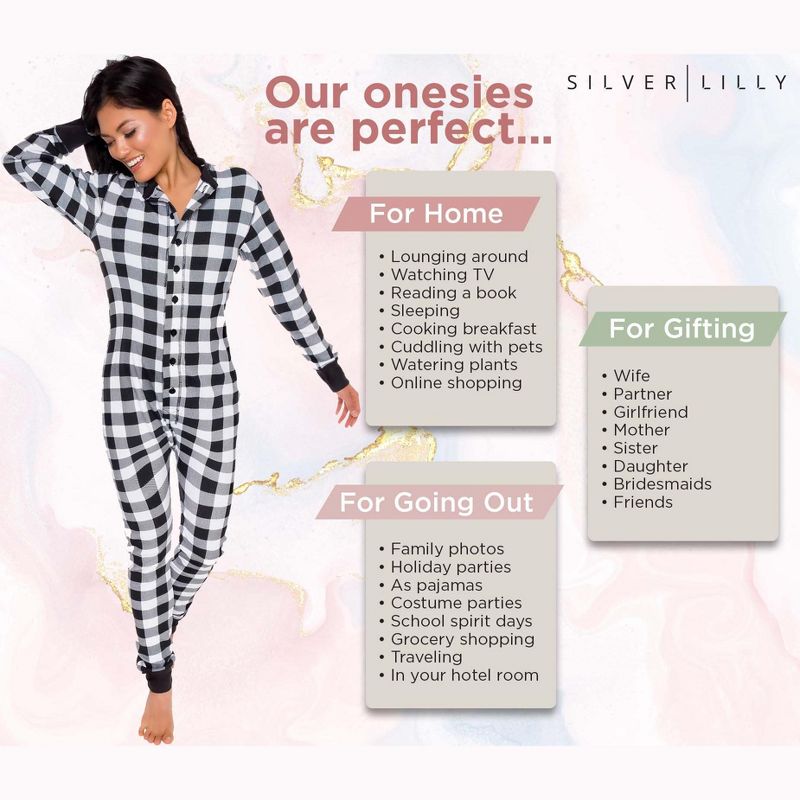 Silver Lilly - Slim Fit Women's Buffalo Plaid One Piece Pajama Union Suit with Functional Panel, 6 of 8