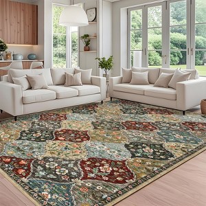 Modern Washable Area Rug, Vintage Distressed Throw Carpet with Non Slip Backing, Low Pile Stain Resistant Floor Cover for Home - 1 of 4