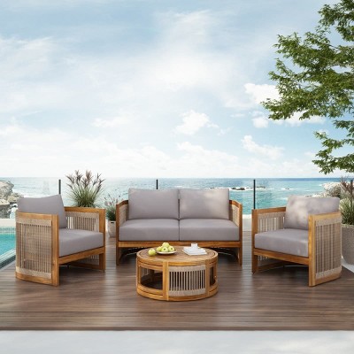 4 Piece Acacia Wood Patio Conversation Set with Curved Chairs Loveseat and Table Rope Accent Outdoor Seating with Cushions-Maison Boucle
