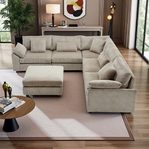 L-Shaped 6-Seater Sectional Sofa, Corduroy, Deep Seat, 7 Pillows - 1 of 4