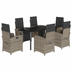 vidaXL 7 Piece Patio Dining Set - Gray Poly Rattan with Adjustable Reclining Chairs, Cushions, and Glass Top Table - 1 of 4