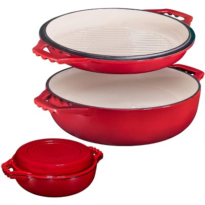 Red Enameled Cast Iron 3.3-Quart Cocotte Double Braiser Pan with Grill Lid