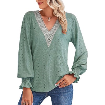 Clearlove 2025 Womens Tops Dressy Casual V Neck Long Sleeve Lace Splice Cute T-Shirts