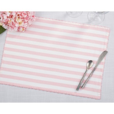Pink and White Striped Cotton Rectangle Placemats with Pom Poms, Set of 4