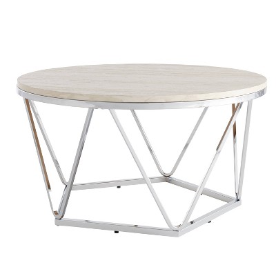 Laconia Faux Stone Round Coffee Table White/Silver - Aiden Lane