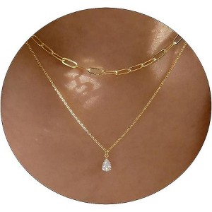 Square CZ Solitaire Pendant Necklace for Women, 14K Gold/Silver Plated Bridal Jewelry 2Layers Paperclip+CZ-Gold - 1 of 4