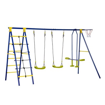 Outsunny Kids Metal Swing Set for Backyard, Outdoor Play Equipment, with Adjustable Swing Seat, Glider, Basket Hoop, Climb Ladder & Rope, A-Frame Stand, for 3-10 Years Old, Blue