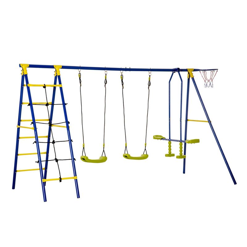 Outsunny Kids Metal Swing Set for Backyard, Outdoor Play Equipment, with Adjustable Swing Seat, Glider, Basket Hoop, Climb Ladder & Rope, Blue, 4 of 7